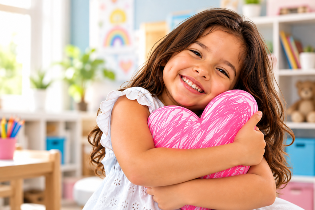 A smiling child holding a pink heart
